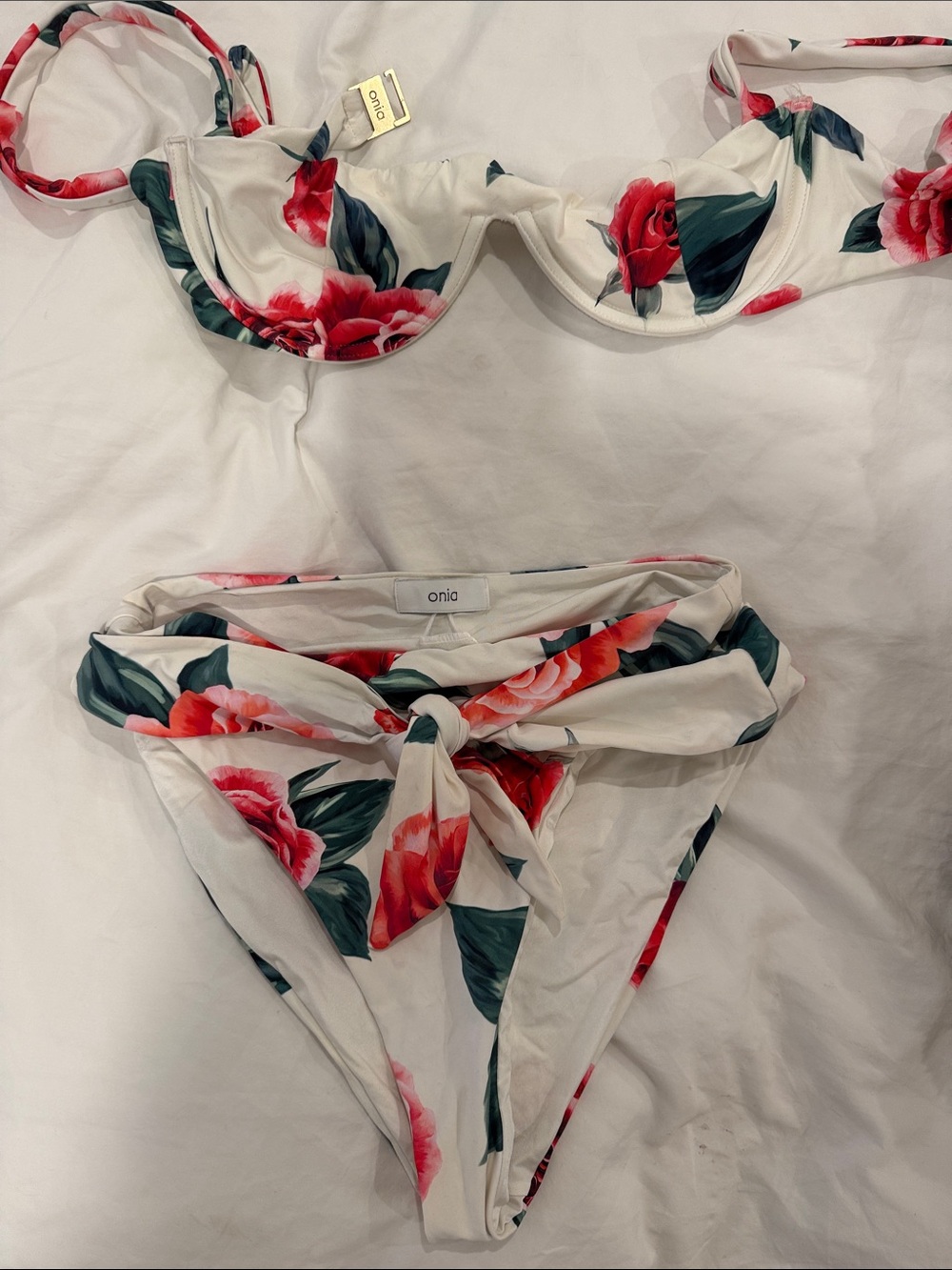 Onia White Bikini with Red Floral Print